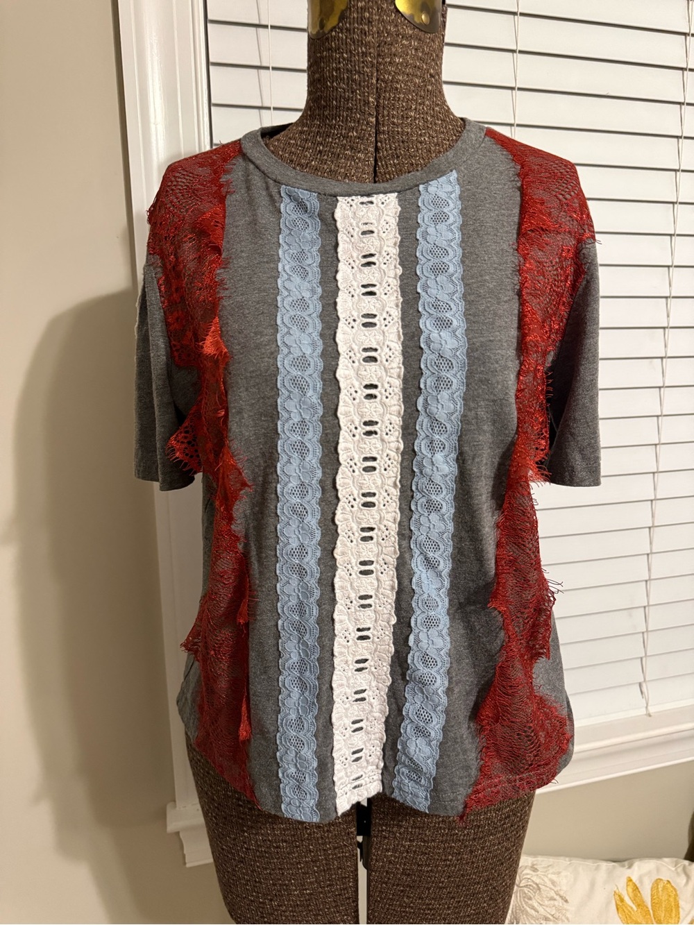 Gray Short Sleeve Tee with Blue and White Lace and Red Trim